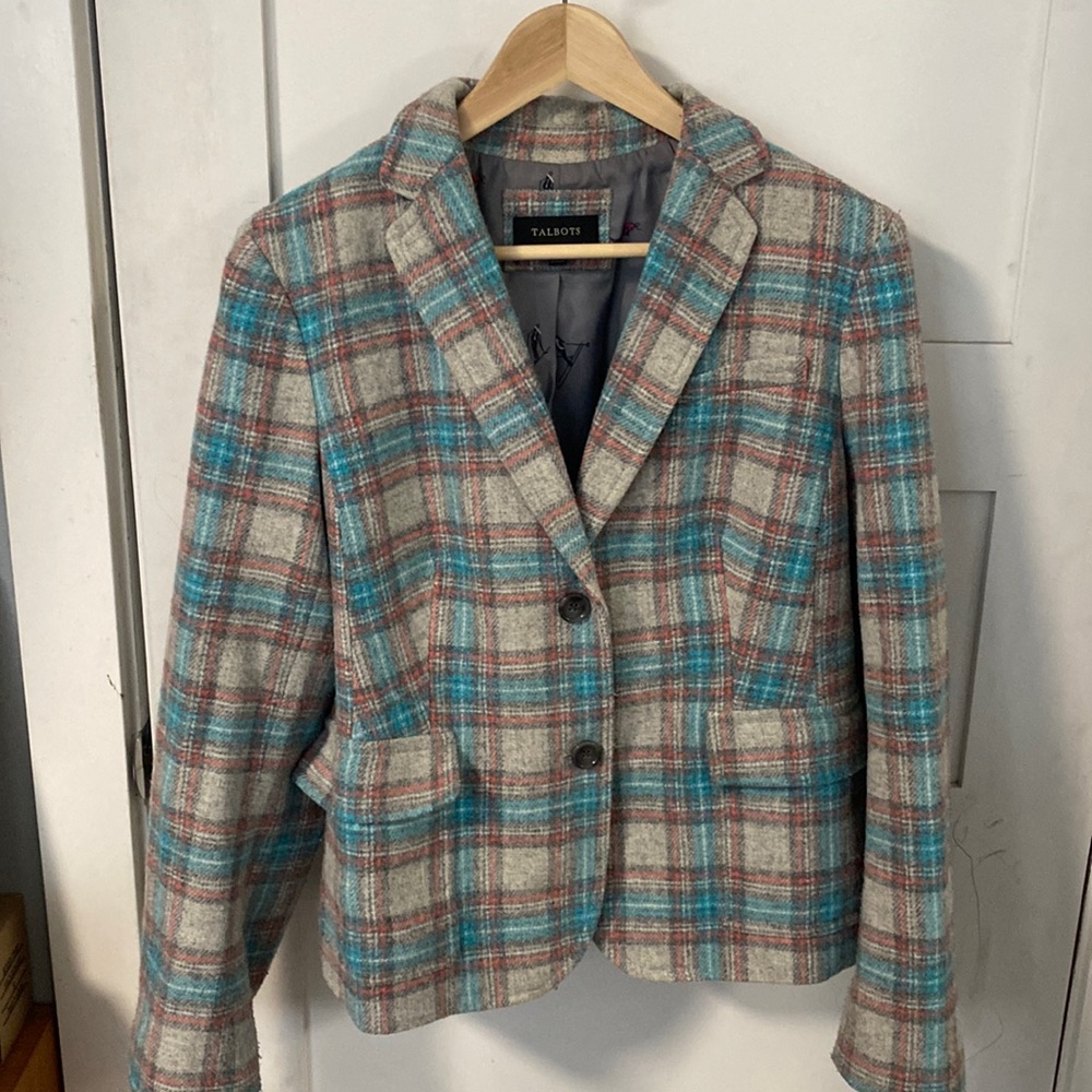Talbots Shetland Blazer size 14 Pink Blue Grey Tartan Plaid